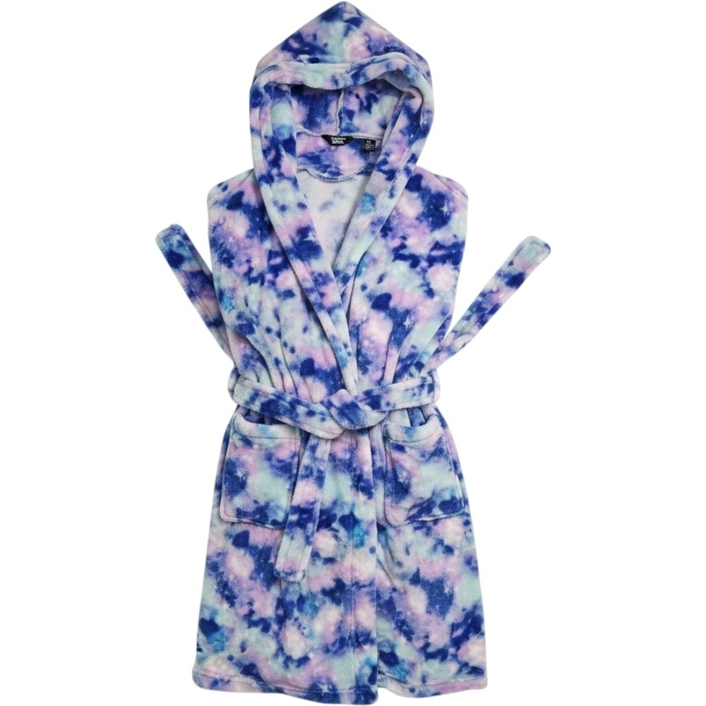 Lands End Womens Tie Dye Fleece Hooded Sleeveless Robe Blue Purple Size 16
